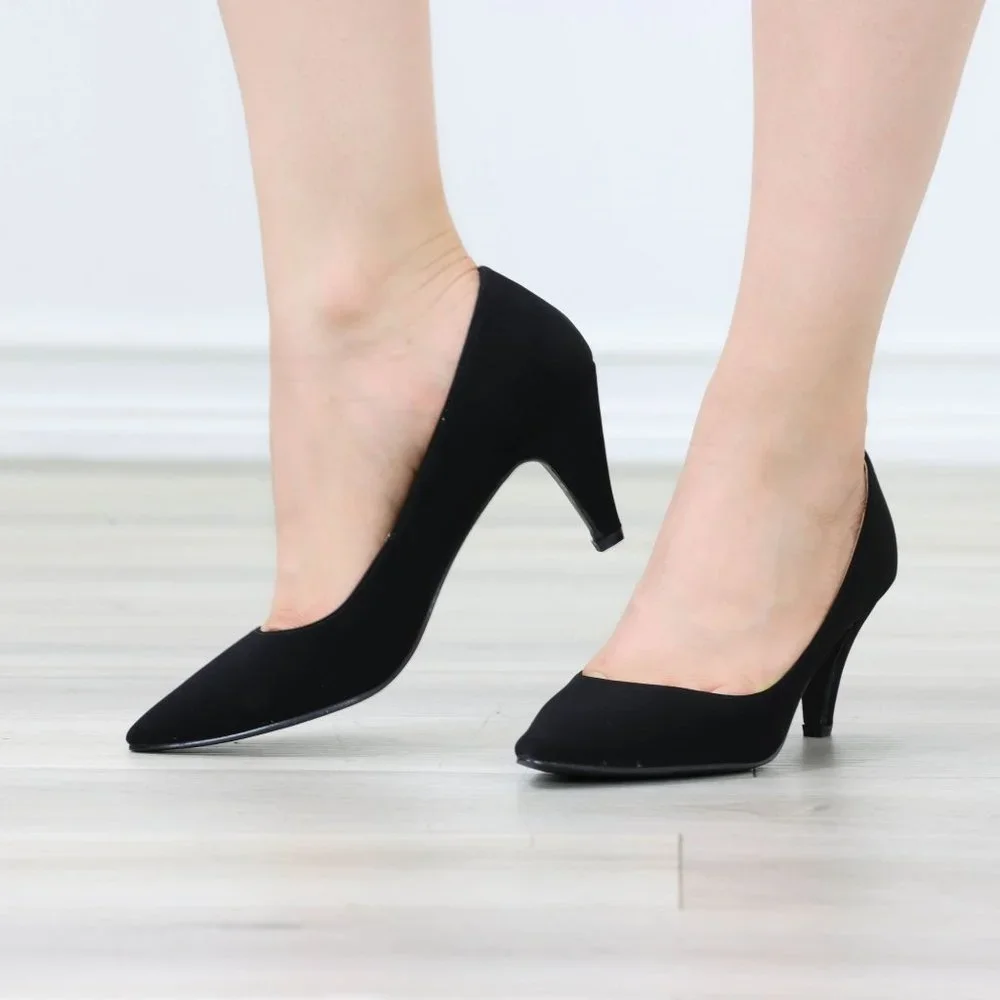 Kitten Low Heel Shoes Rockabilly Vintage Style Pointed Toe Pumps Black Nubuck - Picture 10 of 12